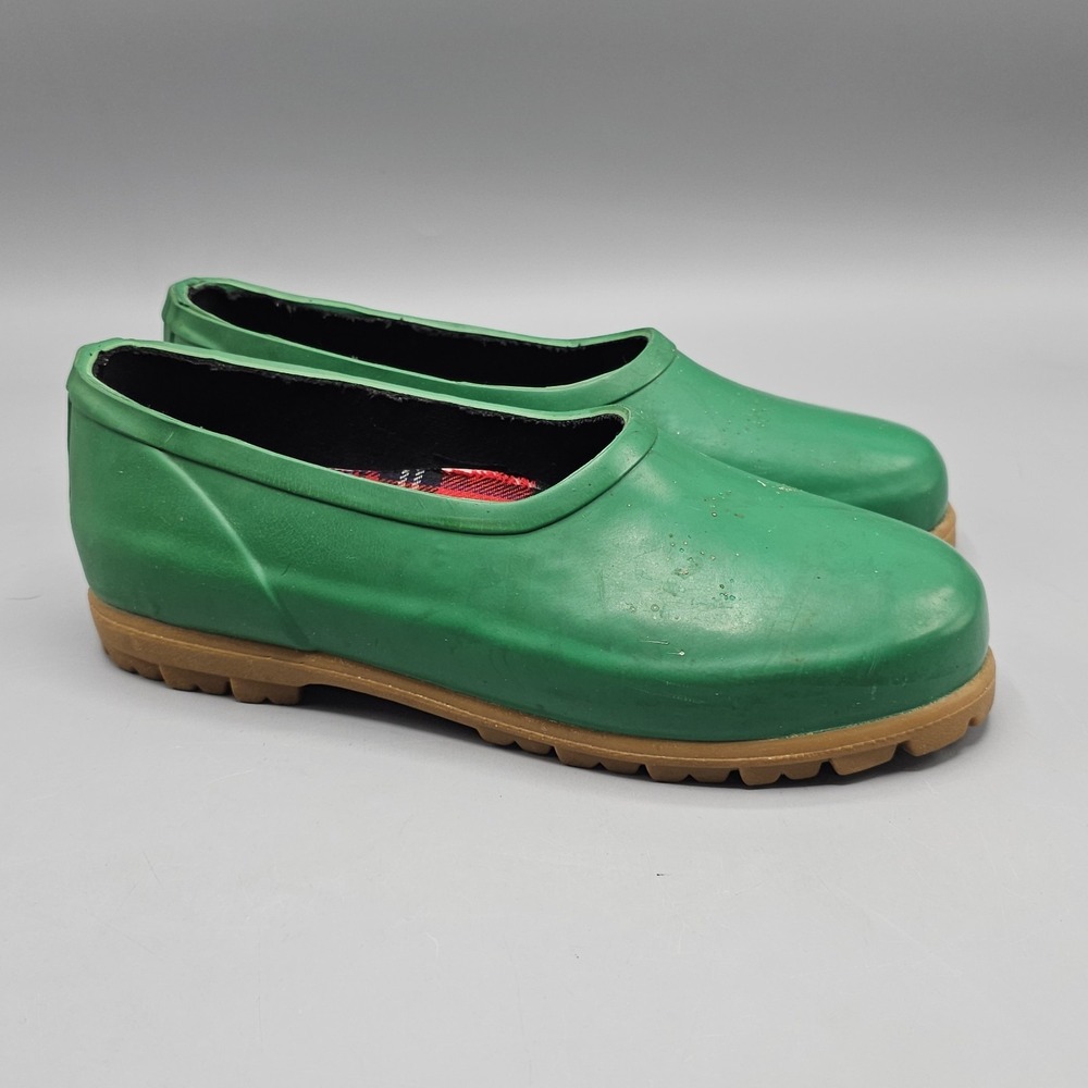 Mid West Womens Sz 8 Green Slip On Rubber Garden Shoes Rain Clogs Plaid Insoles